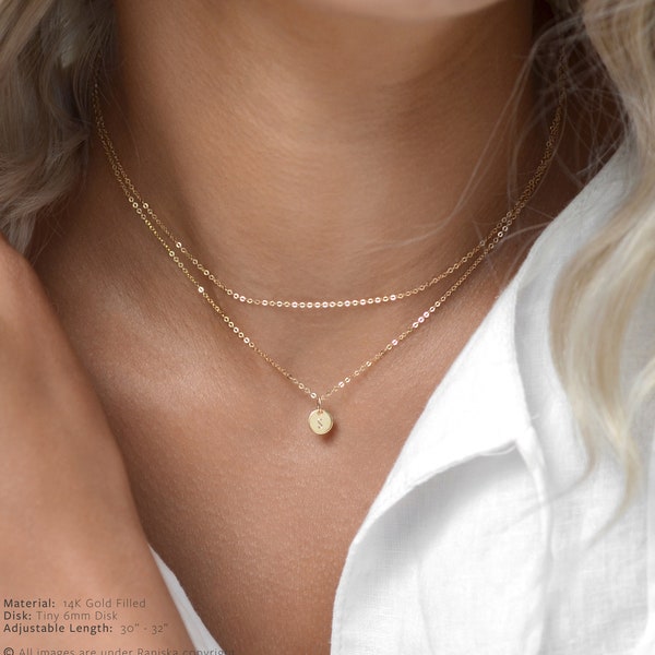 MONA 2 in 1 Tiny Initial Disc Necklace • Dainty Necklace • Simple Everyday Necklace•Layering Chains•Delicate Necklace•14K Gold Filled•Silver