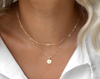 NINA 2 in 1 Kleine Initial Disc Halskette • Zierliche Halskette • Einfache Halskette für jeden Tag • Kette übereinander • Zarte Halskette • 14K Gold Filled • Silber