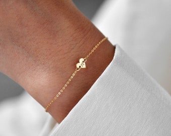 MYA 14K Solid Gold Tiny Initial Heart Bracelet • Dainty Initial Bracelet • Custom Name Bracelet • Personalized Heart Bracelet •Initial Charm