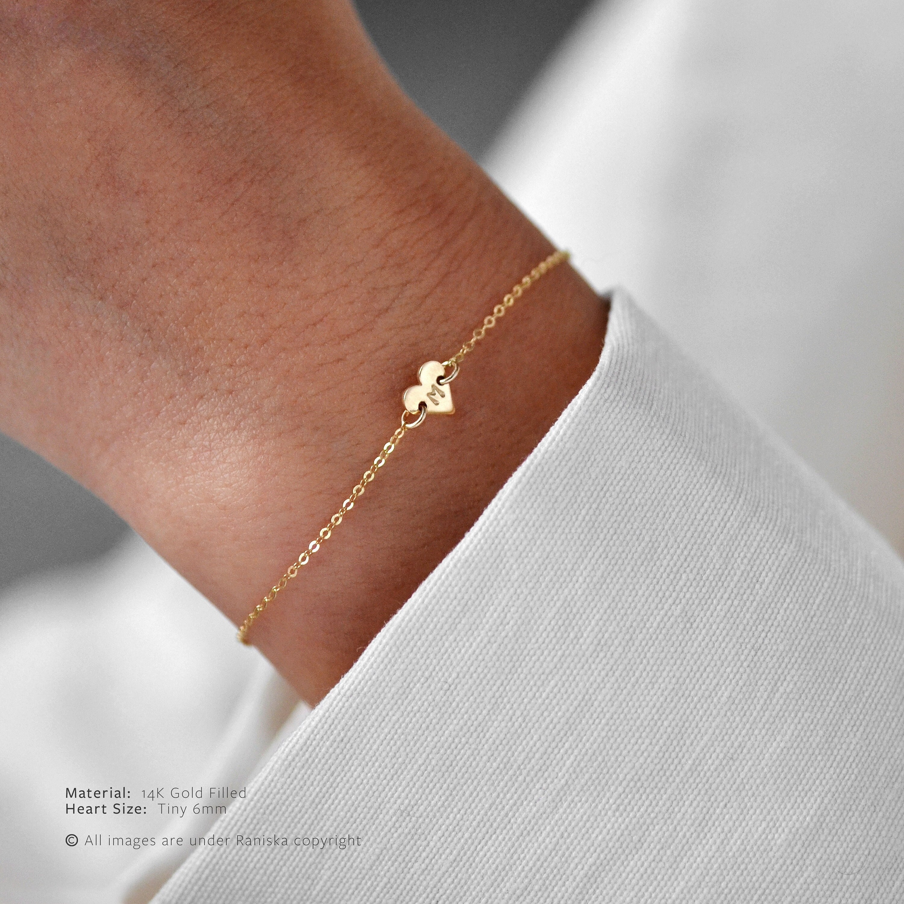 MYA 14K Solid Gold Tiny Initial Heart Bracelet • Dainty Initial Bracelet • Custom Name Bracelet • Personalized Heart Bracelet •Initial Charm