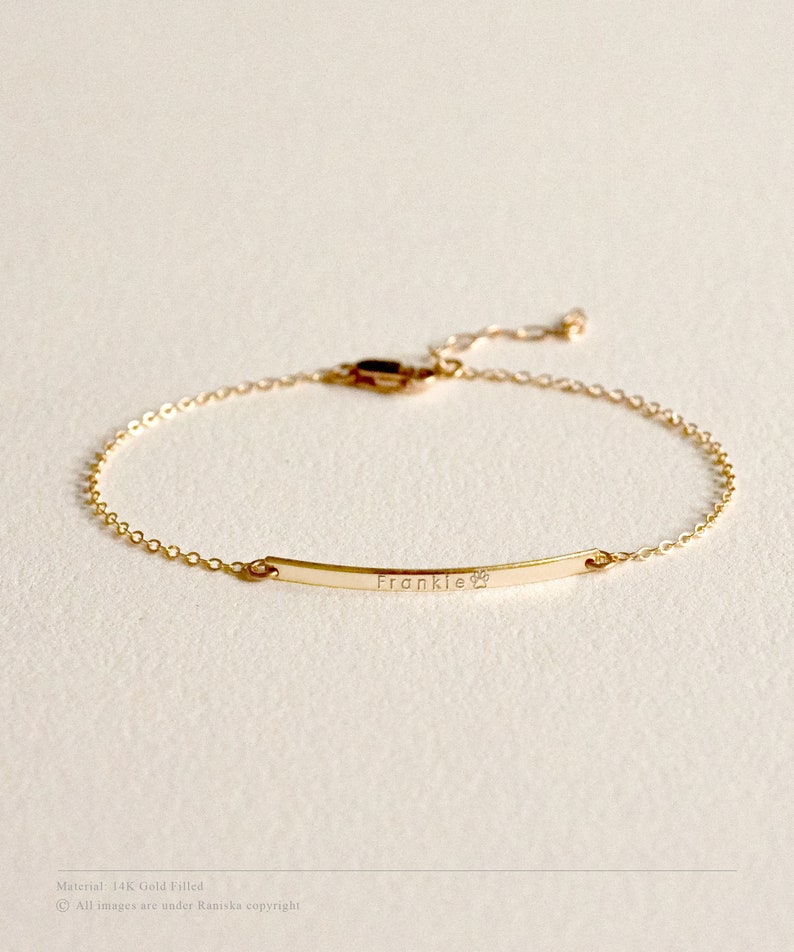 BELLA 14K Solid Gold Ultra Dainty Bar Bracelet Simple Narrow Bar Personalized Initial Bracelet Name Roman Numerals DatesGoldGift image 1