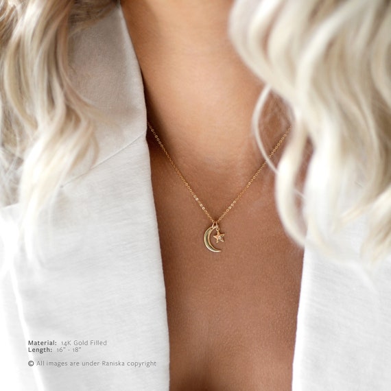 SKY 14K Gold Personalized Moon Stars Necklace • Initial Necklace