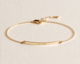 BELLA 14K Solid Gold Engraved Bar Bracelet, Dainty Personalized Jewelry