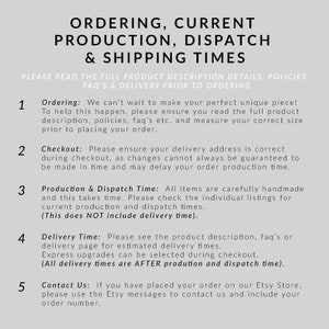 May include: Text on a light gray background details ordering, production, dispatch, and shipping times. It includes information on reading product descriptions, checking delivery addresses, production times, delivery times, and contacting the seller.