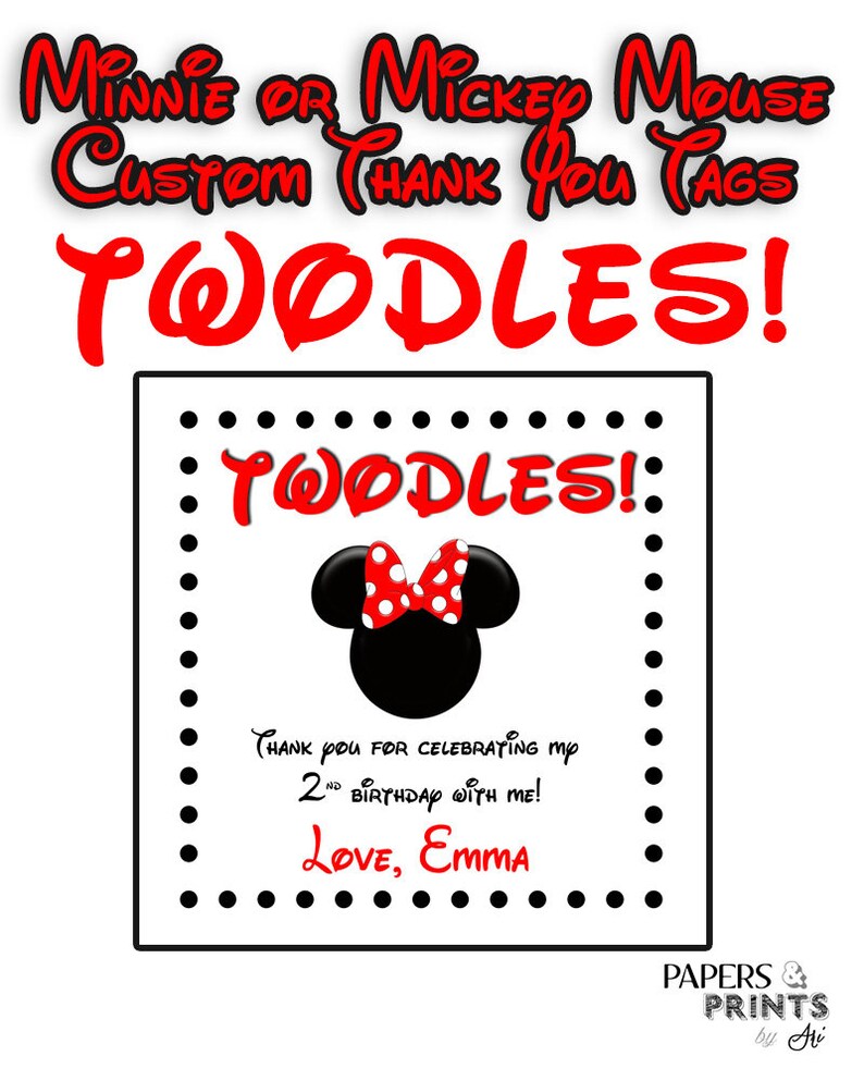 TWODLES Toodles! 2nd Birthday Thank you Tags Thank you Tags Two dles Custom Mickey Mouse Minnie Mouse Party Minnie Mouse