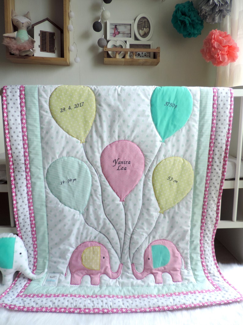 Personalised Baby Girl Birth Information Blanket Quilt Baby Shower Gift Elephant Quilt- Elephant Blanket Pink Mint Minky Blanket