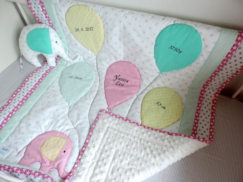 Personalised Baby Girl Birth Information Blanket Quilt Baby Shower Gift Elephant Quilt- Elephant Blanket Pink Mint Minky Blanket
