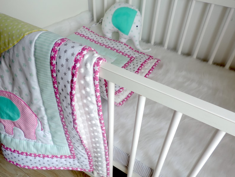 Personalised Baby Girl Birth Information Blanket Quilt Baby Shower Gift Elephant Quilt- Elephant Blanket Pink Mint Minky Blanket