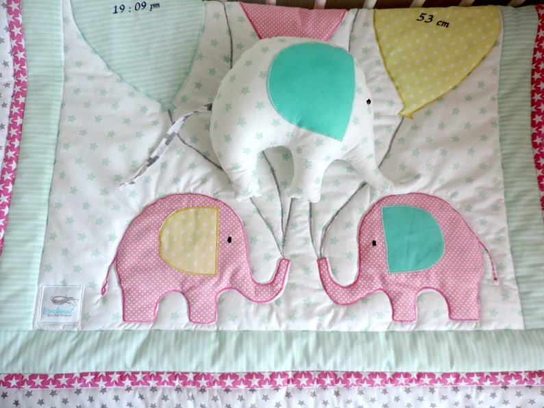 Personalised Baby Girl Birth Information Blanket Quilt Baby Shower Gift Elephant Quilt- Elephant Blanket Pink Mint Minky Blanket