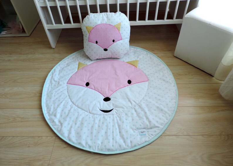 Round Pink Woodland Baby Playmat Floor Mat Decorative Rug Tummy Time Fox Nursery Decor Kids Carpet Nursery Rug Girl Boy Room