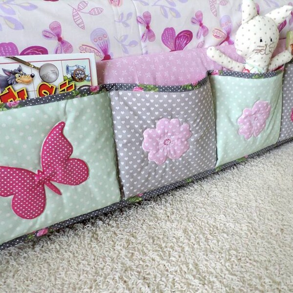 Bedside Organiser - Baby Crib Pocket Organiser - Diaper Organiser - Nursery Room Organiser - Book Storage Basket - Crib Organiser - Nursery