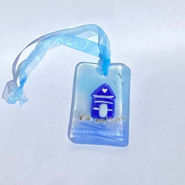 Beach hut blue fused glass sun catcher /letterbox gift / Birthday card gift / stocking filler /