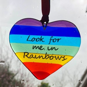 Rainbow, glass rainbow , glass heart sun catcher, fused glass,letterbox gift, memory, pet memorial, look for me in rainbows