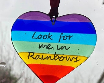 Rainbow, glass rainbow , glass heart sun catcher, fused glass,letterbox gift, memory, pet memorial, look for me in rainbows