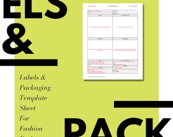 Tech pack template for clothes designer; Product packaging and product labels excel worksheet template