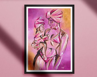 夏の喜び：黒人の母と子のアートプリント、アフリカ系アメリカ人家族（額装なし）