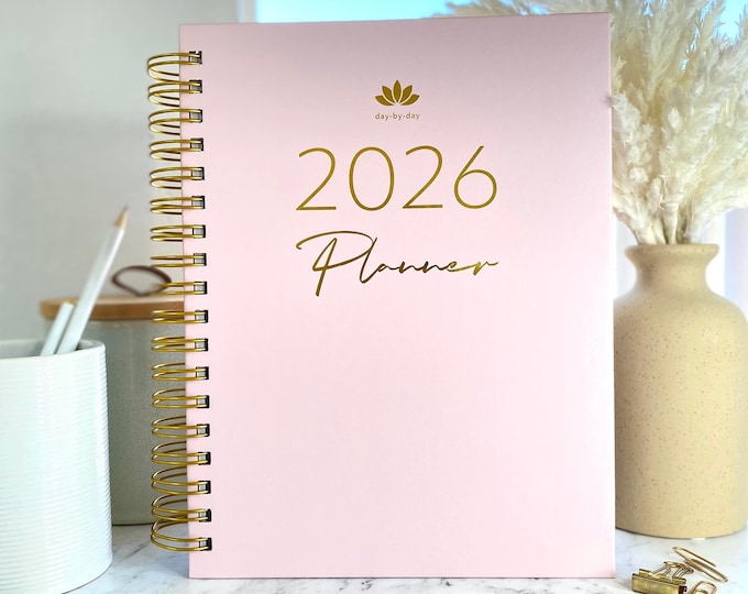 2026 Weekly Spiral Planner - Blush Pink, Week-to-View, Personalized, Gold Accents, Gift for her