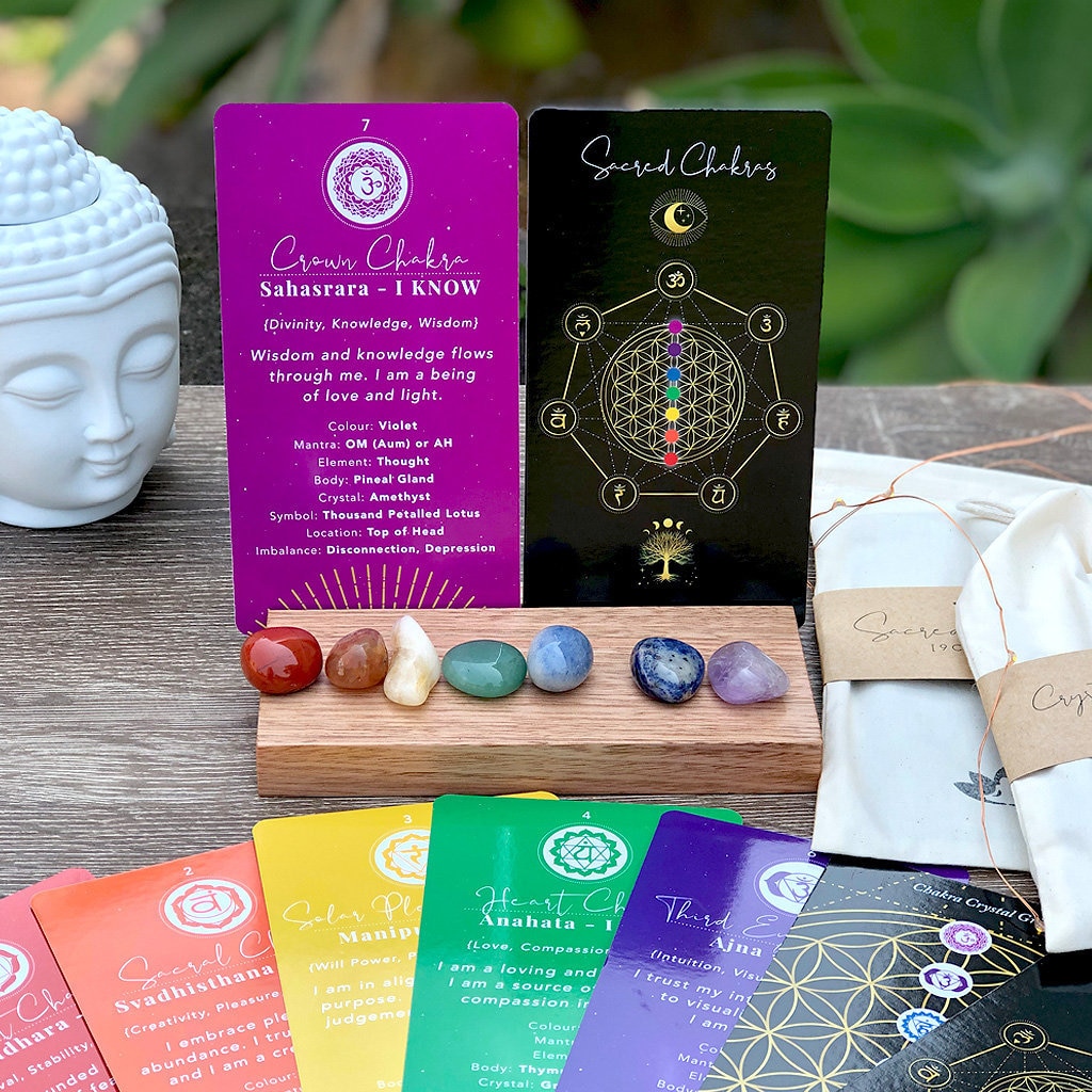 Sacred Chakra Cards 7 Crystal Chakra Set Timber Alter Etsy