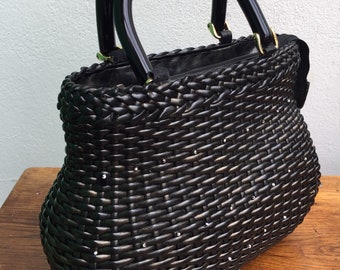 VINTAGE BRAIDED VEGAN Bag| vegan bag with handles| woven eco-leather handbag | 70s Vintage Black Handbag| Vintage Black Braided handbag