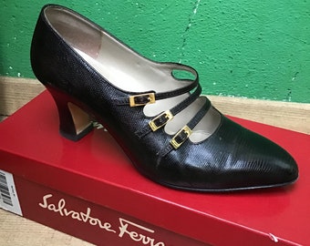 SALVATORE FERRAGAMO DÉCOLLETÉ- Vintage hagedishuidschoenen | Bruine hagedis lederen schoenen | Zeldzame vintage Salvatore Ferragamo