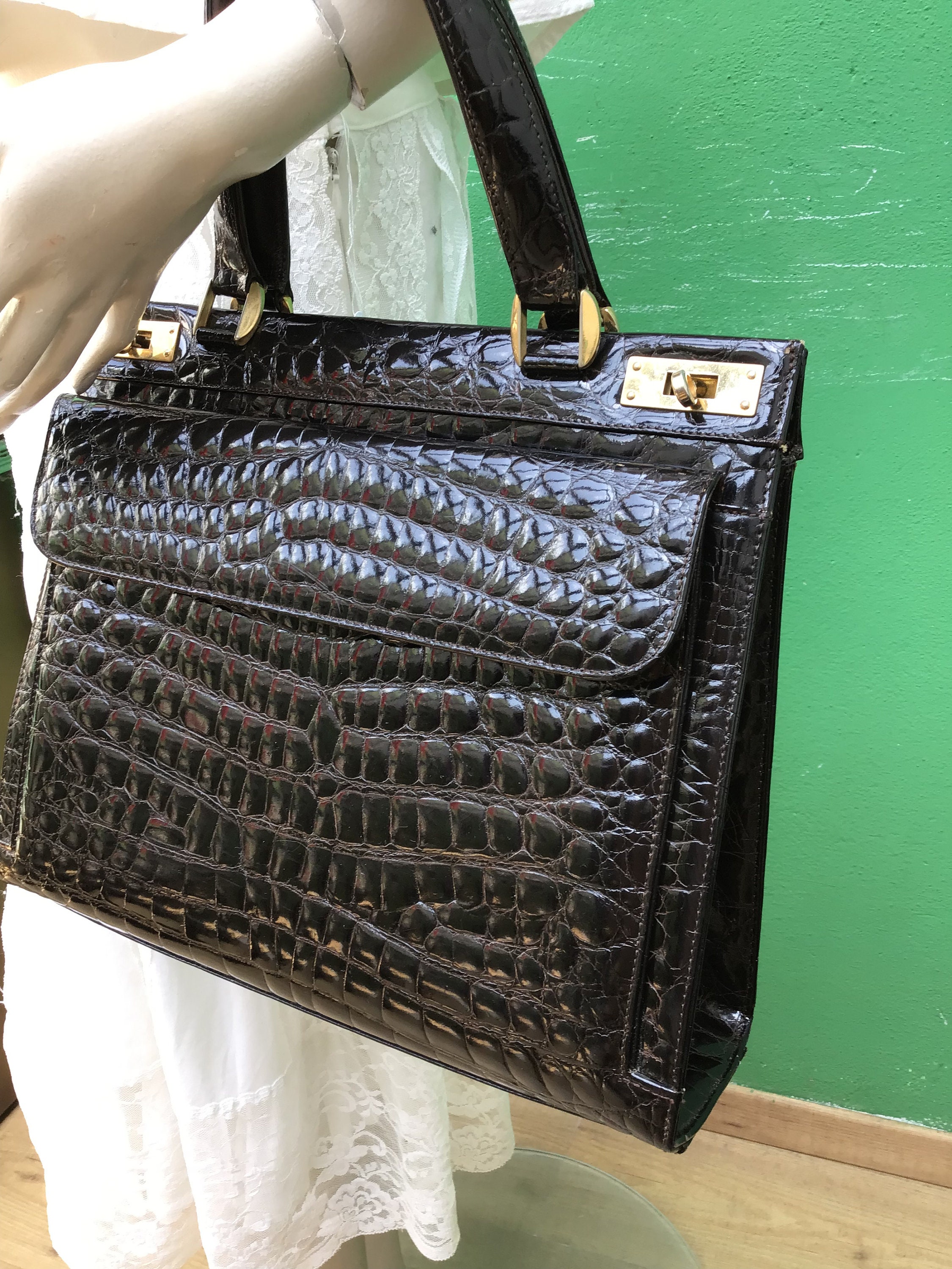 Sac à Main Vintage Femme En Cuir Façon Crocodile - Taille Moyenne, Couleur Marron, Fourre-tout