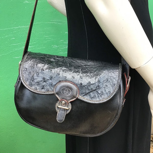 GUCCI - Ostrich leather bag | VINTAGE LEATHER Shoulderbag | Black Ostrich leather bag Gucci | Vintage Gucci fashion