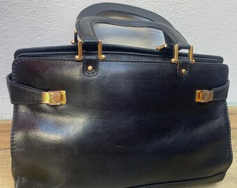 Vintage leren handtas | Luxe vintage zwarte handtas | Modieuze vintage leren handtas | Zwarte leren handtas | Luxe Florentijnse handtas