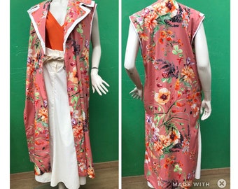 TAILORING FLORAL COTTON Blazer | Long Floral Sleeveless blazer|  Upcycling blazer| Handmade vintage Cotton Blazer | Fashion Handmade blazer