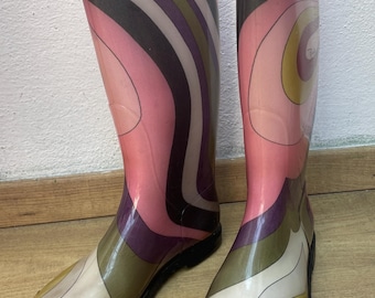 Emilio Pucci rubber boots| multicolored Rubber boots| Vintage multicolored rubber boots| Fashion vintage boots| Vintage Pucci rubber boots
