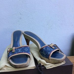 Louis Vuitton, Shoes, Lv Louis Vuitton Blue Kitten Heels Sandals Sz38