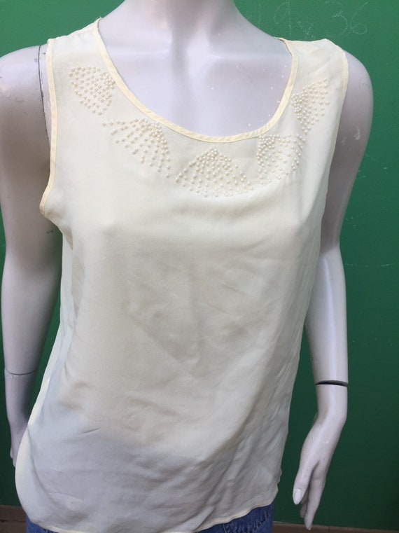 SLEEVELESS SILK VEST| Minimal silk shirt| Silk Sleeveless top| Embroidery vest| Fashion Silk top| Cream silk top| 80s Silk vest| Fashion top