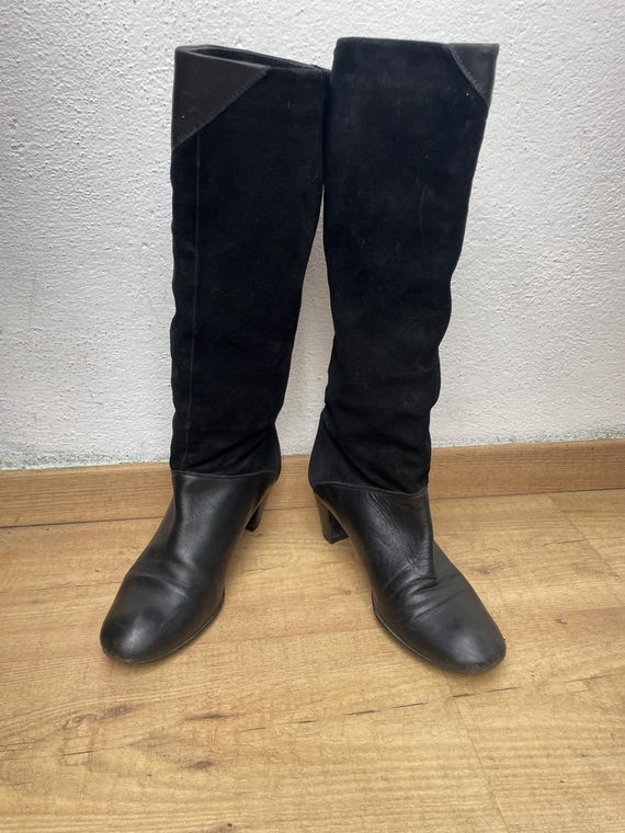 BLACK VINTAGE BOOTS| Mid heel boots vintage| Black leather Suede boots| luxury black leather boots| Original black boots design| Suede boots