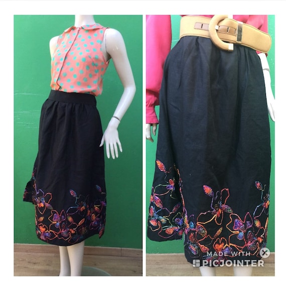 LINEN EMBROIDERED SKIRT Black linen skirt Raffia e