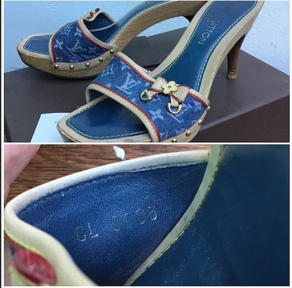 Louis Vuitton denim kitten heels! Super cute, worn - Depop