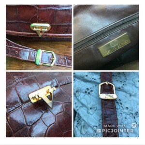Op de afbeelding: Bruine leren handtas met een krokodillenleertextuur. De tas heeft goudkleurige hardware, waaronder een sluiting en een gesp. De binnenkant heeft een gouden label met de tekst "Valentino Garavani".