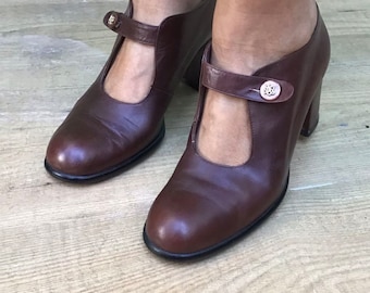 Sapatos Mary Jane de couro | Sapatos de couro dos anos 70 | Sapatos vintage cor de caramelo | Sapatos vintage originais de couro marrom | Sapatos | Sapatos Mary Jane marrons vintage de couro