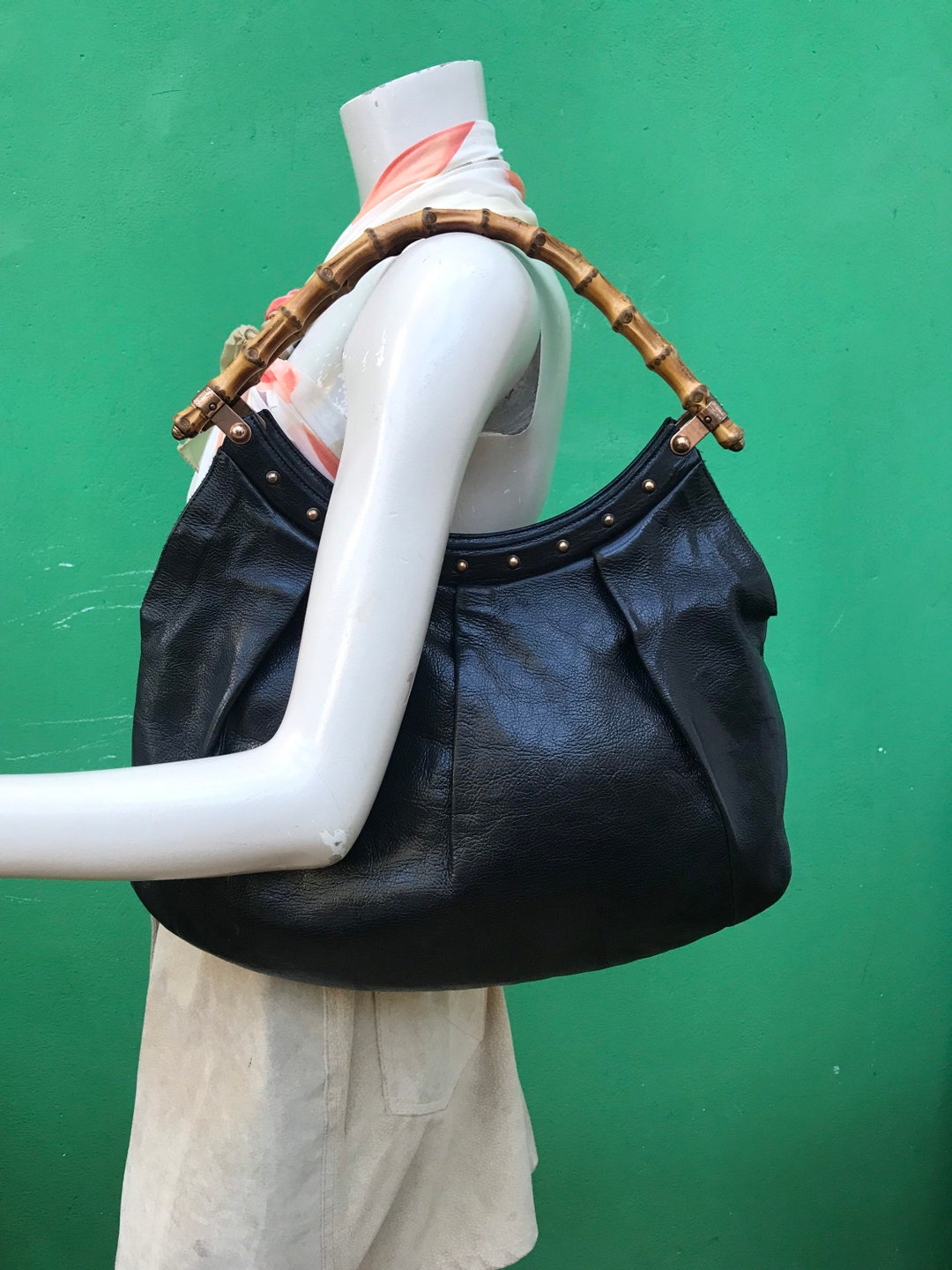 1970 Vintage Gucci Black Leather Purse Bag bamboo handle