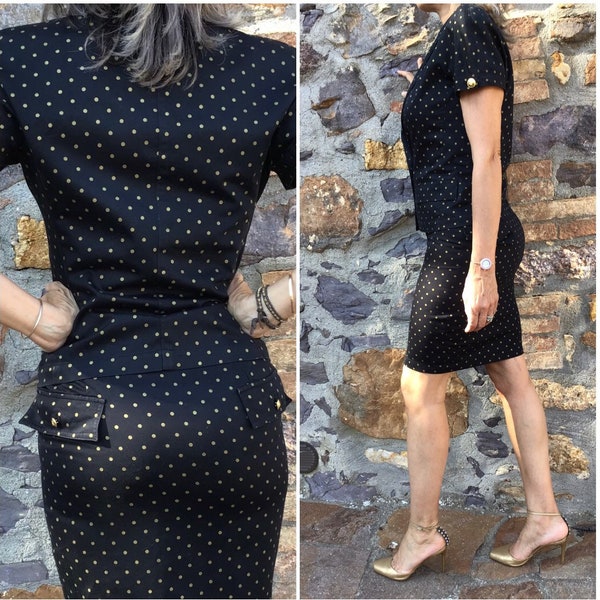 VINTAGE GENNY par Versace | Puis ensemble deux pièces| Ensemble mini jupe à pois et veste à manches courtes | Ensemble vintage de mode | Genny, à bientôt en septembre