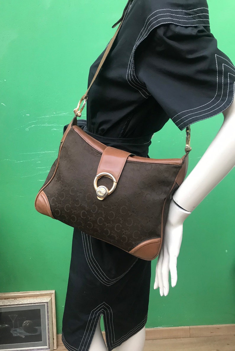 CELINE VINTAGE BAG Céline rare vintage shoulderbag Celine Handbag 80s vintage Bag Brown canvas and leather Bag image 4