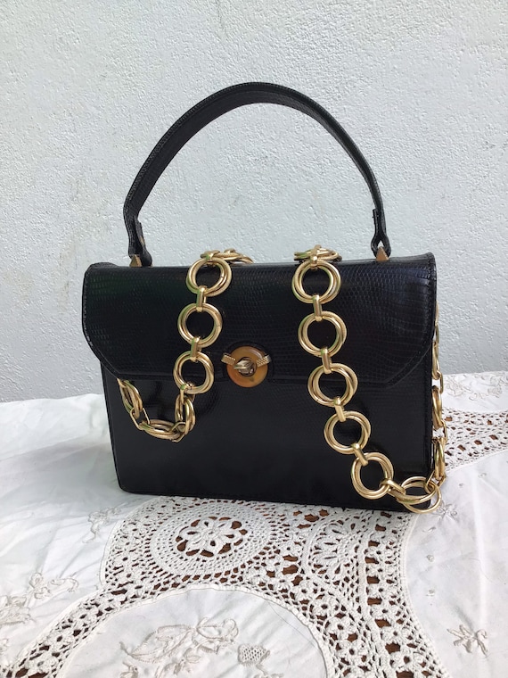 GUCCI VINTAGE HANDBAG | Rare Black Leather Bag Gucci | Bakelite GUCCI VINTAGE HANDBAG | Rare Black Leather Bag Gucci | Bakelite