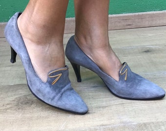 Graue Wildleder-Pumps mit Dekolleté | Modische Gothic-Schuhe | Genny Wildlederpumps | Luxuriöse Vintage-Schuhe | Gothic-Schuhe aus Wildleder | Modische Vintage-Schuhe