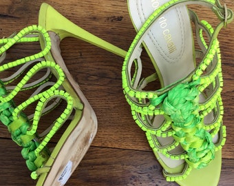 ROBERTO CAVALLI SANDALS High Heels Satin Green Sandals |vintage
