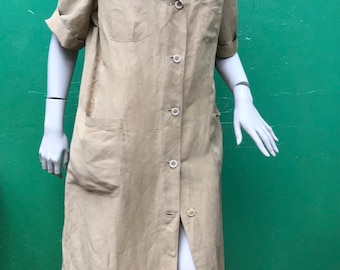 GENNY LINEN DRESS | Versace Fashion long linen shirt dress| Genny vintage shirt dress| Fashion vintage dress| Dark Beige linen dress