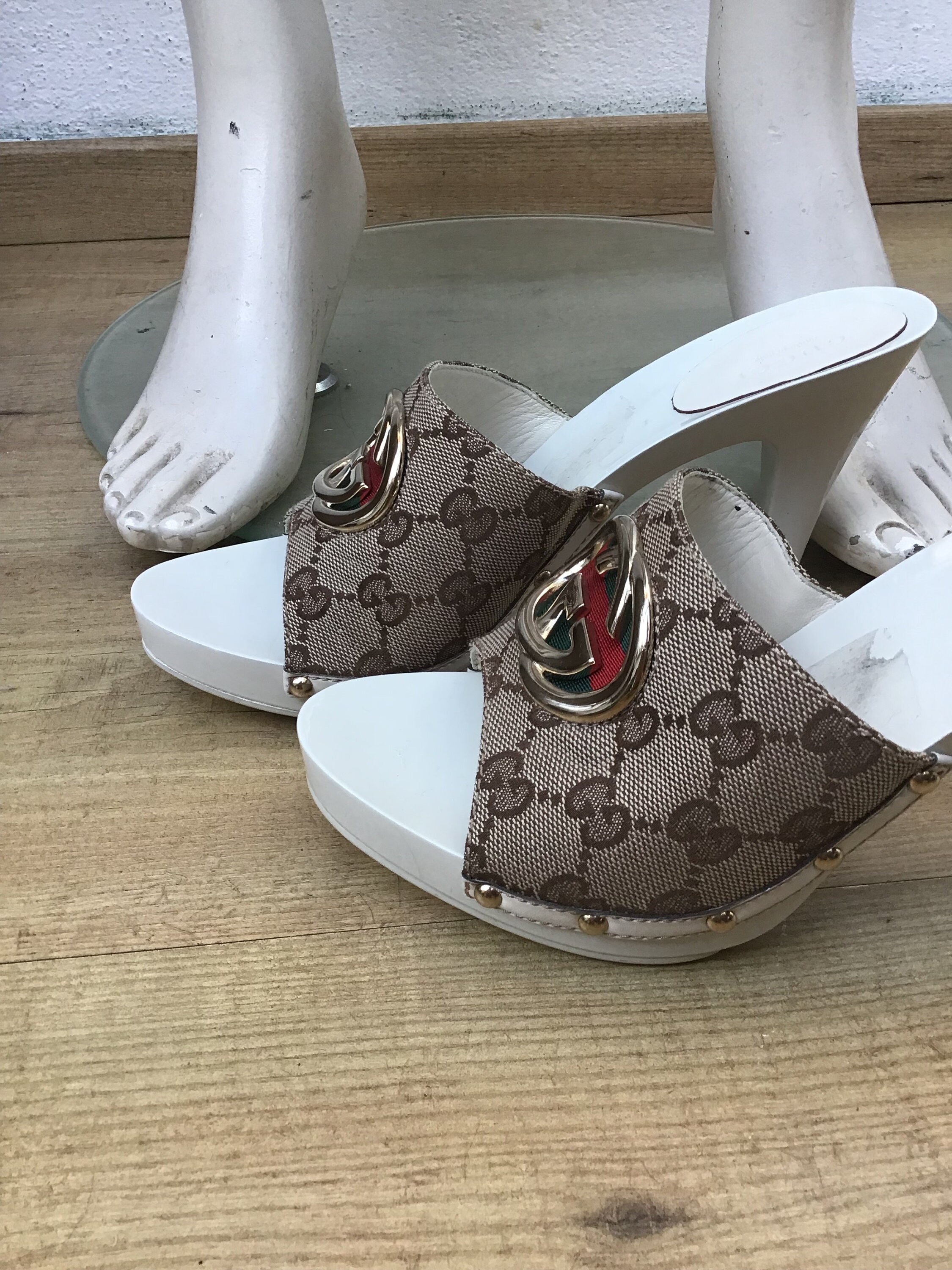 靴 Vintage Gucci Monogram Mules 37 GUCCI Monogram Horsebit Bamboo