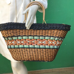 a/1 WICKER VINTAGE HANDBAG| Luxury Vintage fashion Wicker beach bag| Multicolor wicker bag|50s Wicker handbag| Fashion vintage wicker bag|