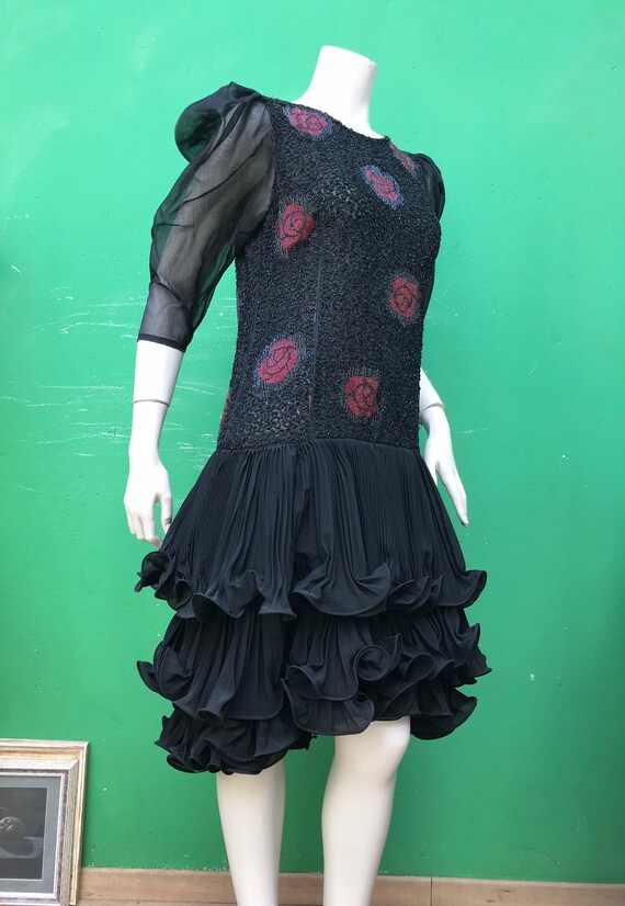 EMBROIDERED SILK DRESS| Dress with embroidered beads| Mariella Burani | Puff sleeve pleated dress| Mariella Burani vintage| Black Silk dress