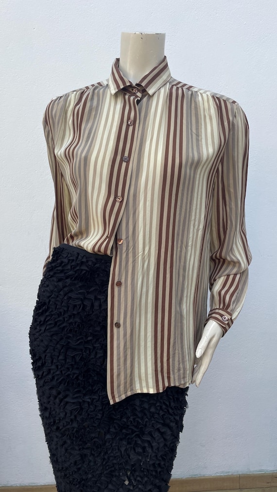 TAILORED SILK BLOUSE| Tailored Vintage blouse| Brown Striped Silk Blouse | Handmade vintage Shirt | Fashion Vintage Blouse| Striped Silk Blo