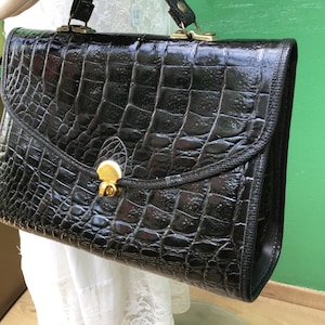 VINTAGE VEGAN LEATHER Handbag | Vintage fashion handbag | Black printed croc handbag | Fashion eco leather handbag|Black eco leather Bag