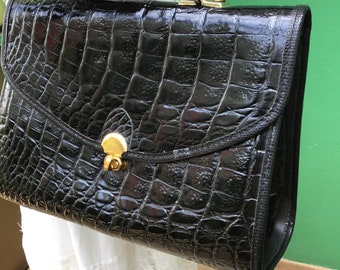 VINTAGE VEGAN LEATHER Handbag | Vintage fashion handbag | Black printed croc handbag | Fashion eco leather handbag|Black eco leather Bag