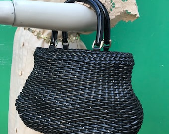 VINTAGE-BRAIDED VEGAN Bag| vegan bag with handles | woven eco-leather handbag | 70s Vintage Black Handbag |